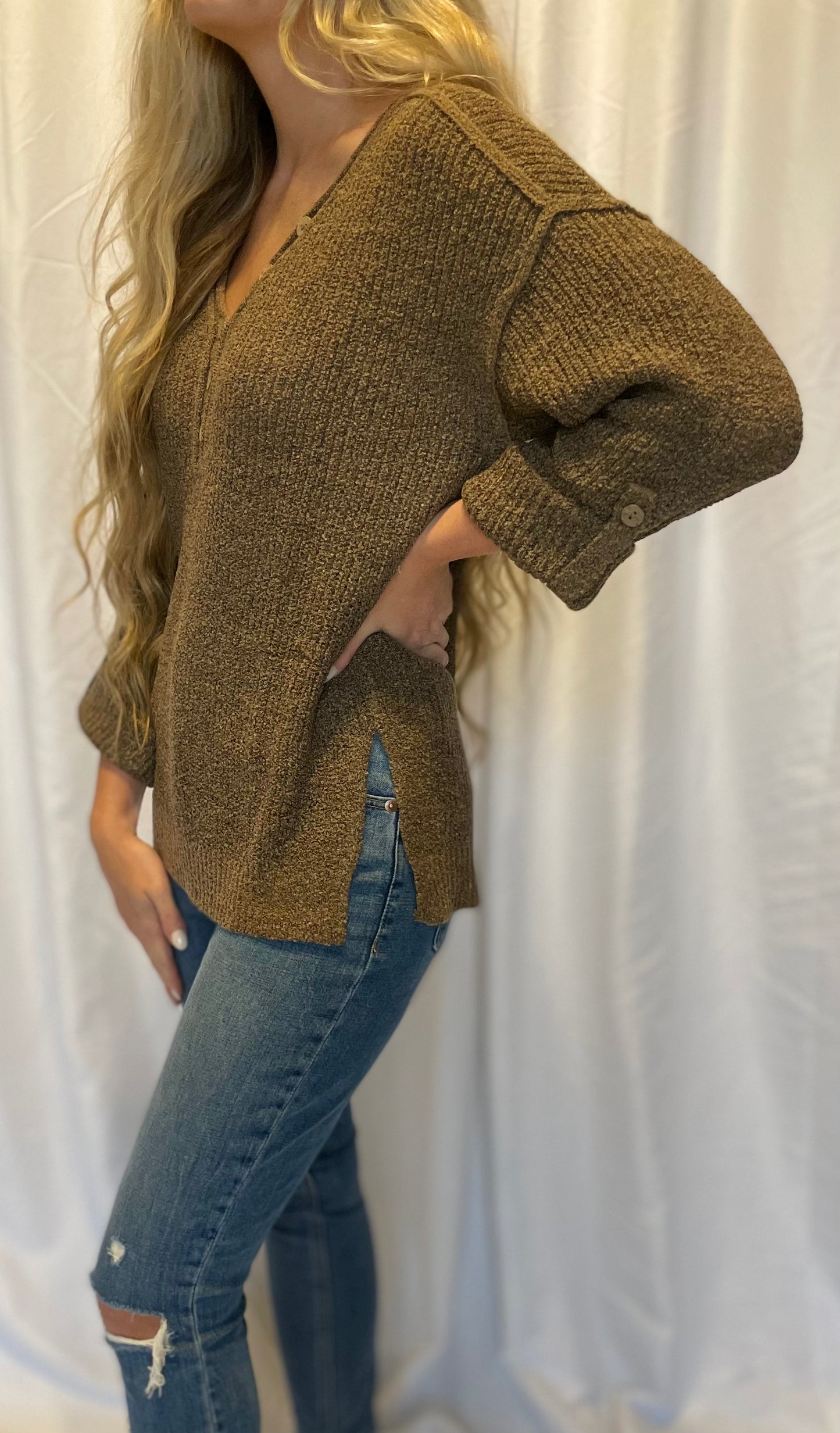 side slit half button pullover