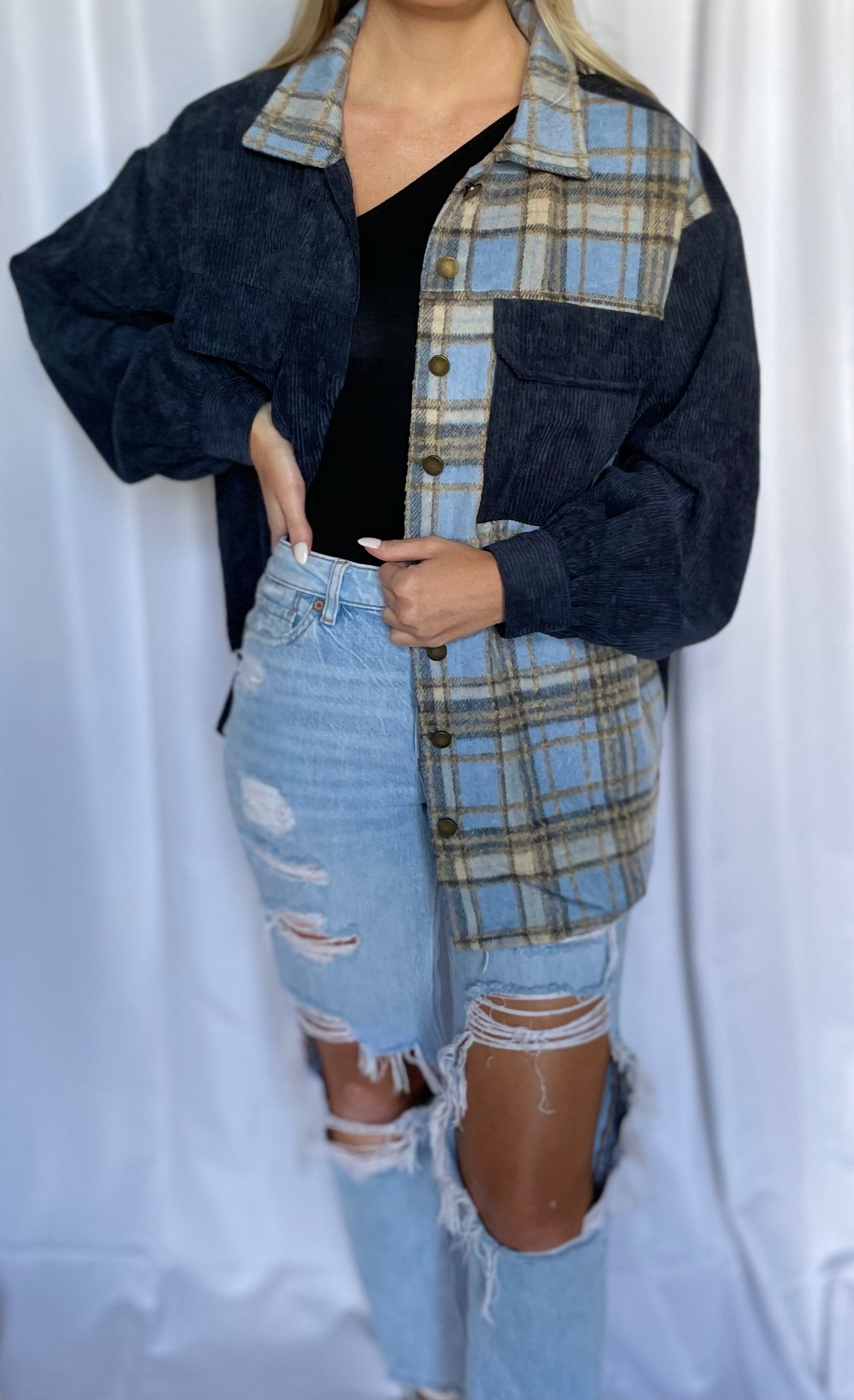 oversized corduroy plaid crossover jacket
