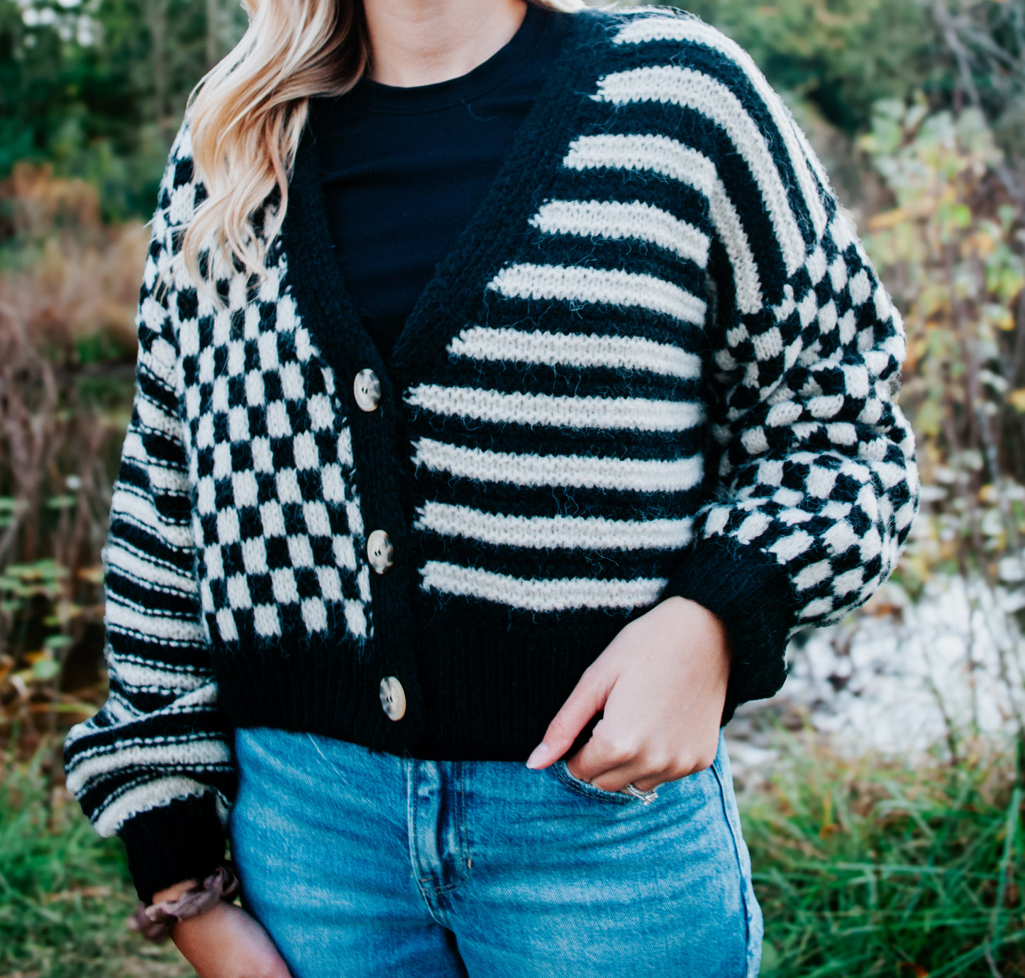 mixed pattern knit cardigan