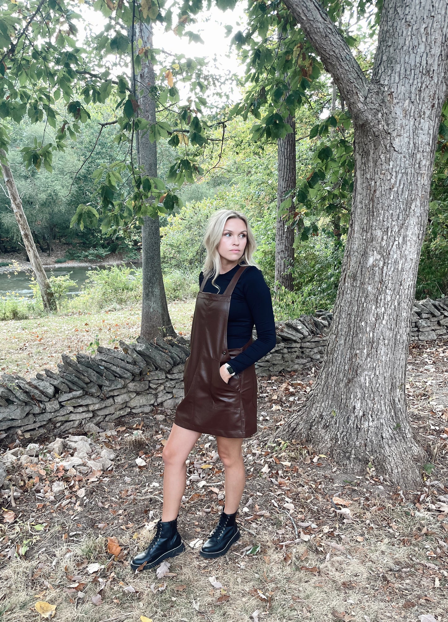 faux leather overall dress