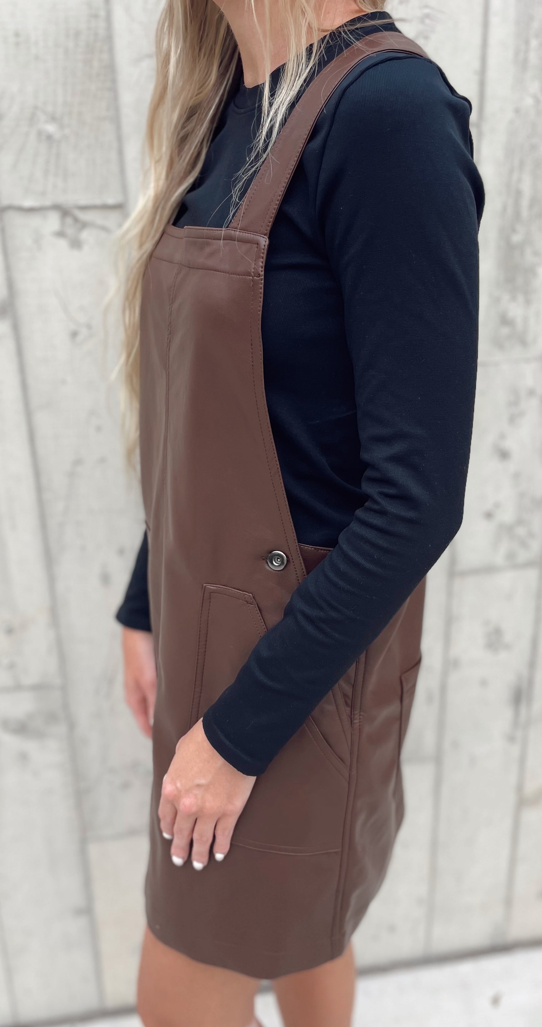 faux leather overall dress GrowingOak Boutique faux leather overall dress GrowingOak Boutique