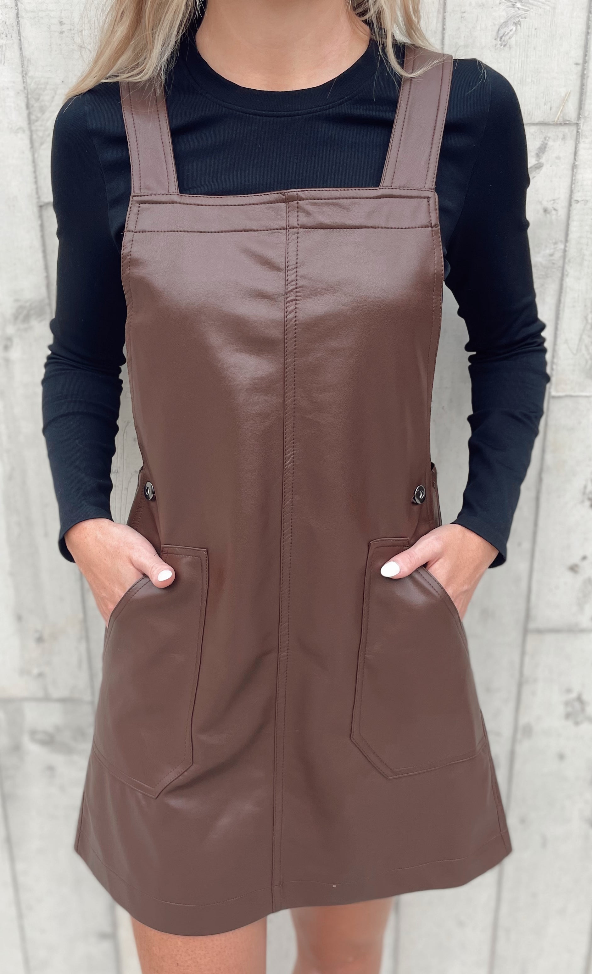 slim fit dress slacks faux leather overall dress GrowingOak Boutique slim fit dress slacks faux leather overall dress GrowingOak Boutique