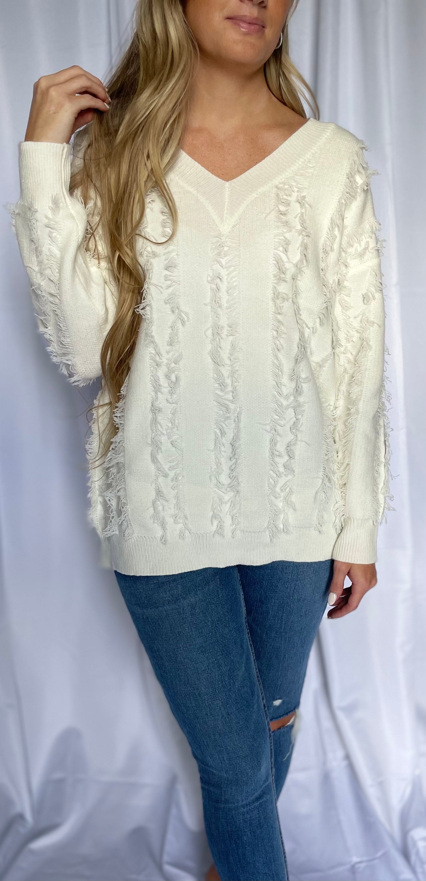 V neck deals fringe sweater