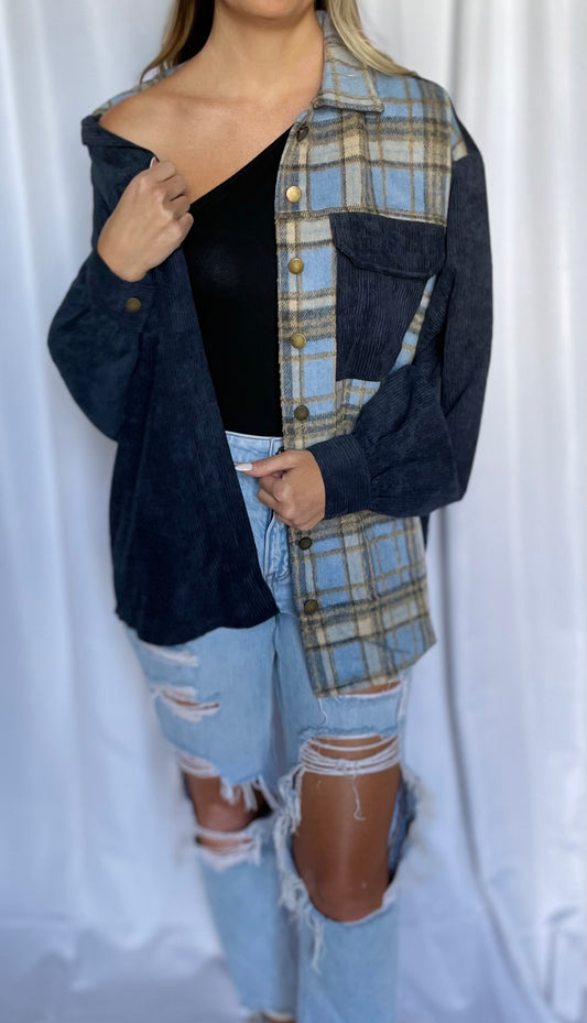 oversized corduroy plaid crossover jacket